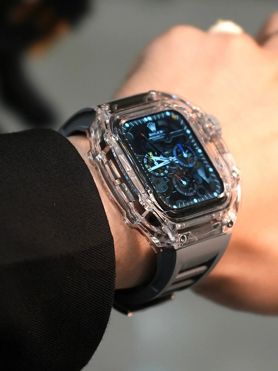 A man with a black coat wearing an Apple Watch which applied Kewusuma Ice Cube Transparent Watch Case with a Gray Watch Strap