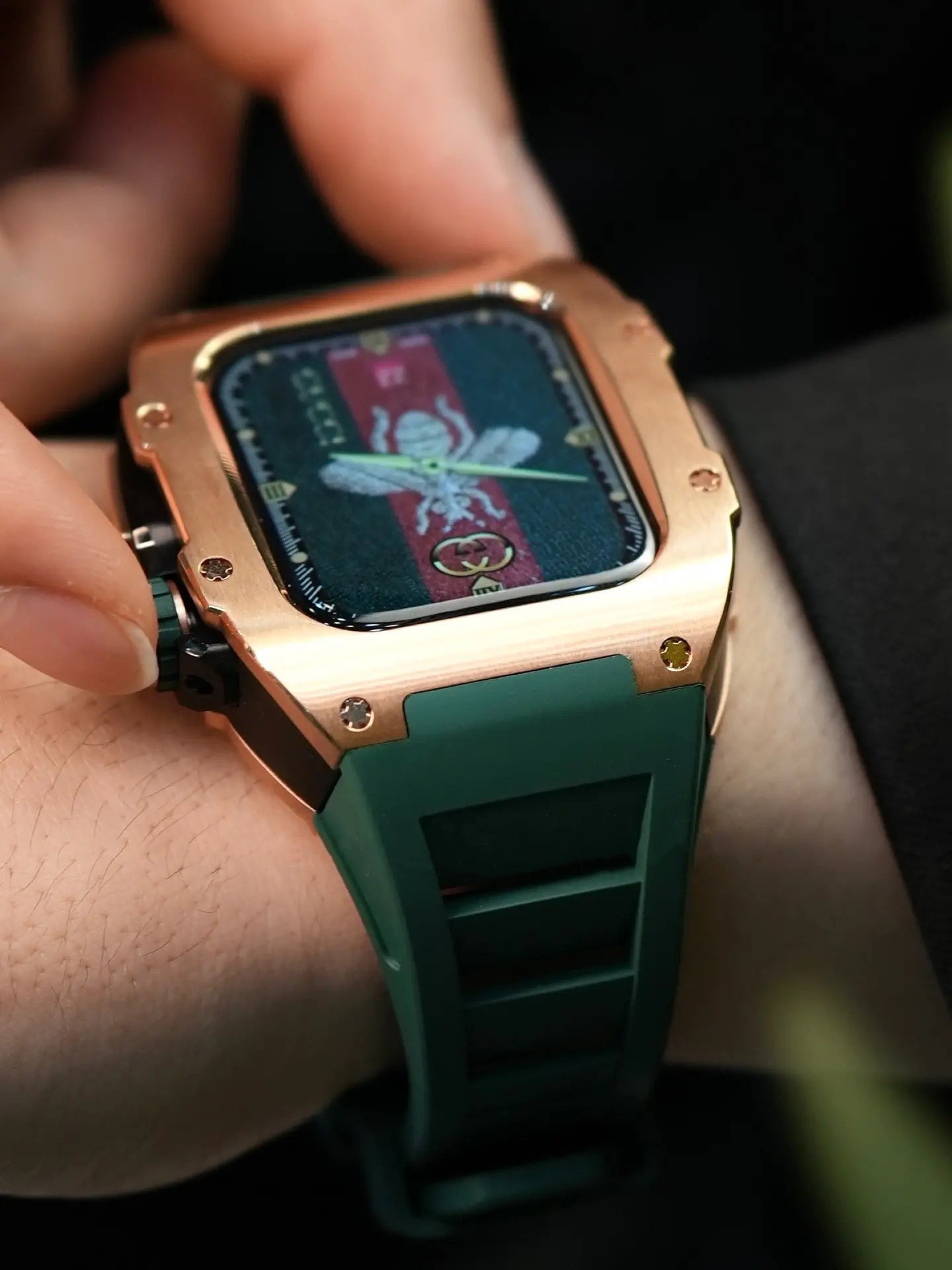 Kewusuma Titan Series - Crepe Titan Titanium Apple Watch Case worn by a man who is pressing the Apple Watch Watch Crown